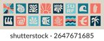 Retro tropical surf vector set featuring waves, sun, surfboards, and palm trees. Perfect for t-shirt prints, summer posters, beach stickers, and coastal branding. Bold vintage color palette.