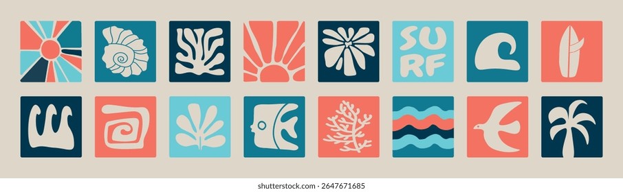 Retro tropical surf vector set featuring waves, sun, surfboards, and palm trees. Perfect for t-shirt prints, summer posters, beach stickers, and coastal branding. Bold vintage color palette.