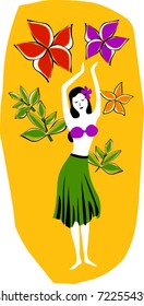 Retro Tropical Swaying Hula Girl & Flowers Vector Illustration