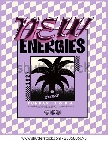 Retro tropical vector artwork with palm silhouette, curved checker pattern, bold metallic title and urban lettering. Perfect for streetwear graphics, poster design, apparel prints and fashion projects