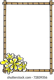 Retro Tropical Vertical Bamboo Frame with Corner Plumeria Flowers Vector Illustration