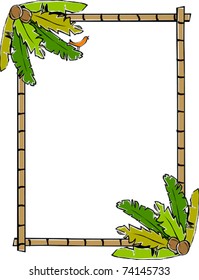 Retro Tropical Vertical Bamboo Frame with Corner Banana Leaves Coconuts and a Birdie Vector Illustration
