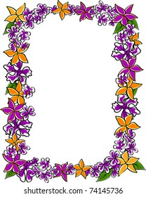 Retro Tropical Vertical Lei Frame with Flower Blossoms and Leaves Vector Illustration