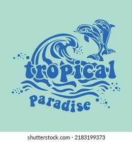 Retro Tropical Waves Delphine Vektorkunst Illustration. T-Shirt Print Design.