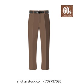 Retro trousers in realistic style on white background. Old fashion. 60s vogue. Vintage brown pants icon. Vector illustration