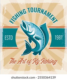 Retro trout poster. Fly fishing tournament retro poster, vector illustration