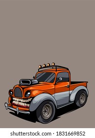 retro truck cartoon character with big engine