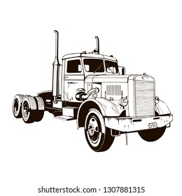 retro truck classic diesel vehicle, vector illustration, black, symbol, icon, cargo, graphic, logo, isolated, monogram, semi trailer truck, 18 wheeler, tractor unit, transport, big rig, lorry