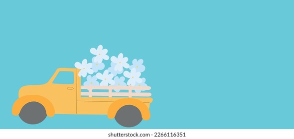 Retro truck full of flowers banner. Spring holidays greeting. Copy space