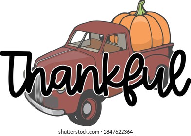 Retro truck with a huge pumpkin and the text Thankful. 