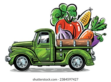 Retro truck loaded with fresh vegetables. Farm organic food. Vector illustration