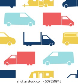 Retro truck seamless pattern. Vector illustration for cargo transport design. Bright vehicle pattern.Car wallpaper background. Cartoon silhouette shape. Transportation traffic auto delivery