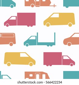 Retro truck seamless pattern. Vector illustration for cargo transport design. Bright vehicle pattern.Car wallpaper background. Cartoon silhouette shape. Transportation traffic auto delivery
