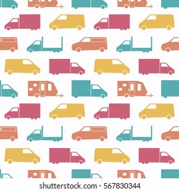 Retro truck seamless pattern. Vector illustration for cargo transport design. Bright vehicle pattern.Car wallpaper background. Cartoon silhouette shape. Transportation traffic auto delivery