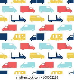 Retro truck seamless pattern. Vector illustration for cargo transport design. Bright vehicle pattern.Car wallpaper background. Cartoon silhouette shape. Transportation traffic auto delivery