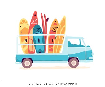 Retro truck with surf and sup boards. Summer vacation, camping and water sports themed vector illustration. 