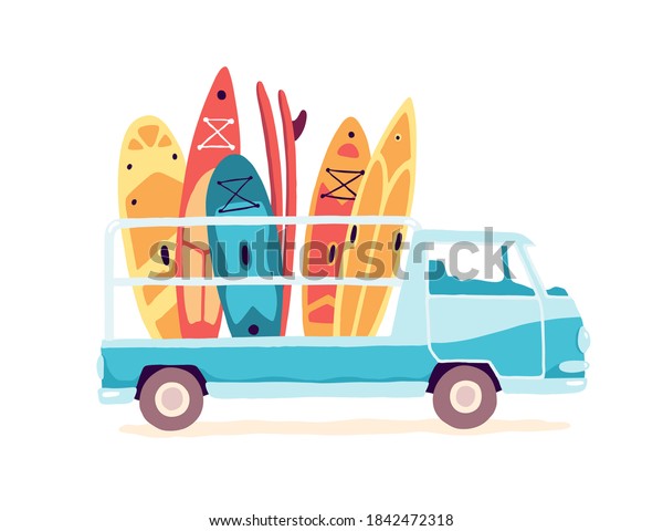 Retro truck with surf\
and sup boards. Summer vacation, camping and water sports themed\
vector illustration. 