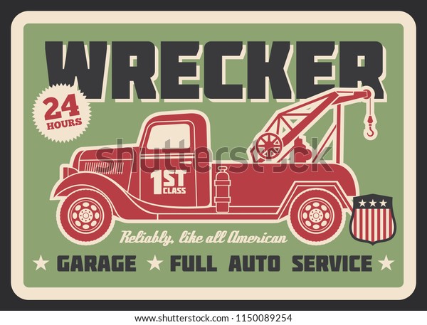 Retro\
truck wrecker vintage banner for auto service or garage design. Old\
tow truck with wheel lift grunge poster for emergency vehicle\
towing and roadside assistance advertising\
template