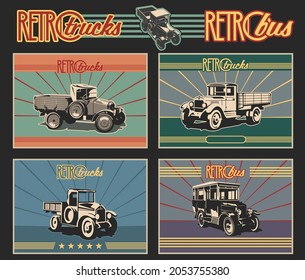 Retro Trucks and Bus 1910s, 1920s Transport Advertising Posters Style Illustration set, Passenger Bus and Bootlegger's Lorry 
