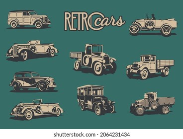 Retro Trucks, Cars and Passenger Bus from the 1910s, 1920s, 1930s