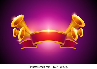 Retro trumpets and red ribbon elements for publicity on purple background