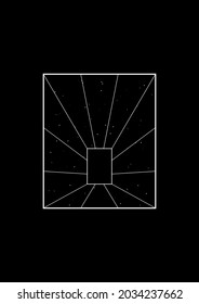 Retro t-shirt and apparel design with a perspective tunnel in starry space. The 1980s aesthetics. Black and white print. Vector illustration.