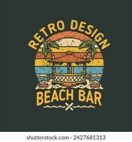 retro t-shirt design tropical beach bar with shack house by the beach looks interesting and calm