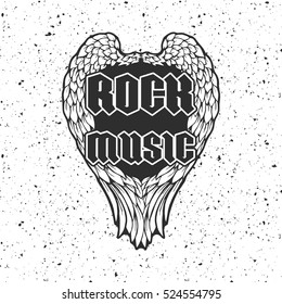 Retro t-shirt print or music disk cover with angel wings and grunge texture. Vector illustration with text Rock music