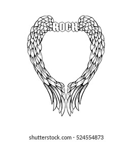 Retro t-shirt print or music disk cover with angel wings and grunge texture. Vector illustration with text Rock