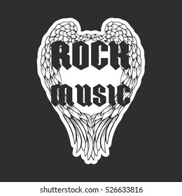 Retro t-shirt print or music disk cover with angel wings and grunge texture. Vector illustration with text Rock music