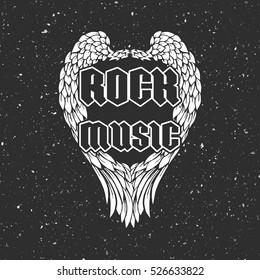 Retro t-shirt print or music disk cover with angel wings and grunge texture. Vector illustration with text Rock music