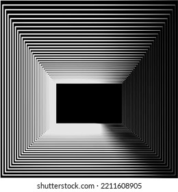 retro tunnel pattern.Dimensional geometric square frame background.glowing square frame background.black and white square corridor.white neon tunnel.square pattern from the center.