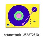 Retro turntable with vinyl record 2D cartoon object. Classic music playback. Analog sound. Old-school vibes equipment isolated element flat vector clipart on white background. Spot illustration