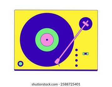 Retro turntable with vinyl record 2D cartoon object. Classic music playback. Analog sound. Old-school vibes equipment isolated element flat vector clipart on white background. Spot illustration