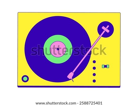Retro turntable with vinyl record 2D cartoon object. Classic music playback. Analog sound. Old-school vibes equipment isolated element flat vector clipart on white background. Spot illustration