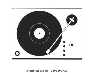 Retro turntable vinyl record black and white 2D line object. Classic music playback. Analog sound. Old-school vibes equipment isolated clip art vector outline item. Monochromatic spot illustration