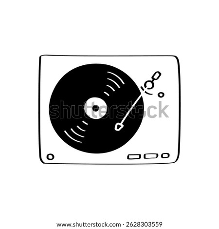 Retro turntable with vinyl record design for music day or DJ design. Hand drawn turntable with vinyl record top view. Great for DJ themes, retro parties or music holiday illustrations.