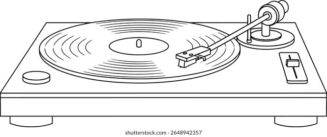Retro Turntable with Vinyl Record Line Art Illustration