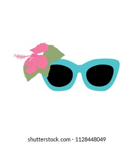 retro turquoise sunglasses with pink hibiscus flower, vector 