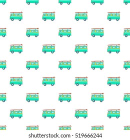 Retro turquoise van with surfboard pattern. Cartoon illustration of retro turquoise van with surfboard vector pattern for web