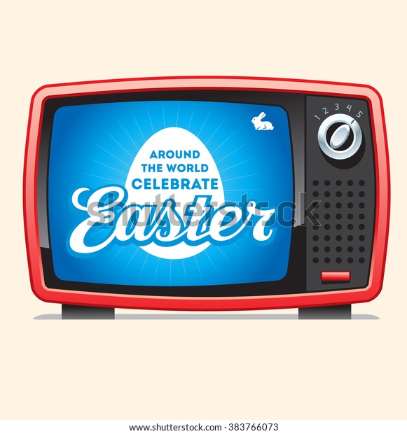 Retro tv with announce Easter celebration on\
monitor with silhouette of egg, calligraphic font and rabbit logo\
in right top angle.