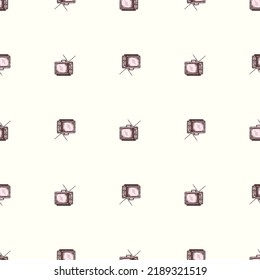 Retro TV with antenna engraved seamless pattern. Vintage television in hand drawn style. Sketch texture for fabric, wallpaper, textile, print, title, wrapping paper. Vector illustration.