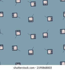 Retro TV with antenna engraved seamless pattern. Vintage television in hand drawn style. Sketch texture for fabric, wallpaper, textile, print, title, wrapping paper. Vector illustration.
