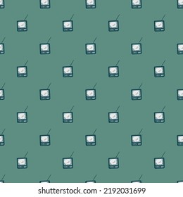 Retro TV with antenna engraved seamless pattern. Vintage television in hand drawn style. Sketch texture for fabric, wallpaper, textile, print, title, wrapping paper. Vector illustration.