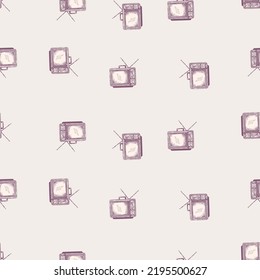 Retro TV with antenna engraved seamless pattern. Vintage television in hand drawn style. Sketch texture for fabric, wallpaper, textile, print, title, wrapping paper. Vector illustration.