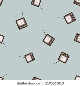 Retro TV with antenna engraved seamless pattern. Vintage television in hand drawn style. Sketch texture for fabric, wallpaper, textile, print, title, wrapping paper. Vector illustration.