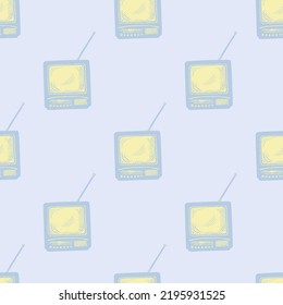 Retro TV with antenna engraved seamless pattern. Vintage television in hand drawn style. Sketch texture for fabric, wallpaper, textile, print, title, wrapping paper. Vector illustration.