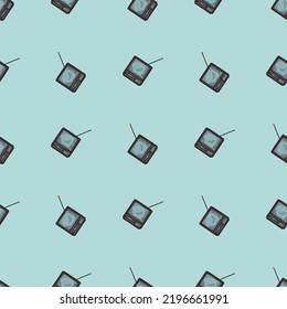 Retro TV with antenna engraved seamless pattern. Vintage television in hand drawn style. Sketch texture for fabric, wallpaper, textile, print, title, wrapping paper. Vector illustration.