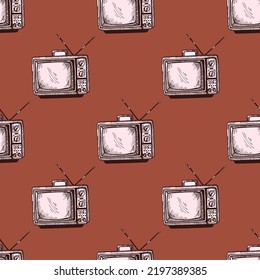 Retro TV with antenna engraved seamless pattern. Vintage television in hand drawn style. Sketch texture for fabric, wallpaper, textile, print, title, wrapping paper. Vector illustration.