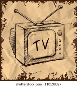 Retro tv with antenna isolated on vintage background. Hand drawing sketch vector illustration